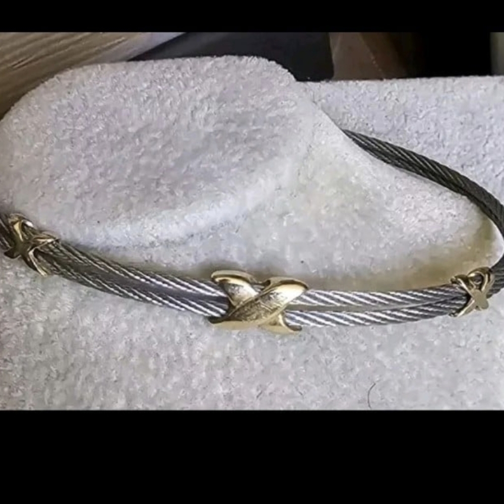 Milor 14k Yellow Gold Xs X's Stainless Steel Cable Bracelet Tennis Italy - Picture 2 of 9